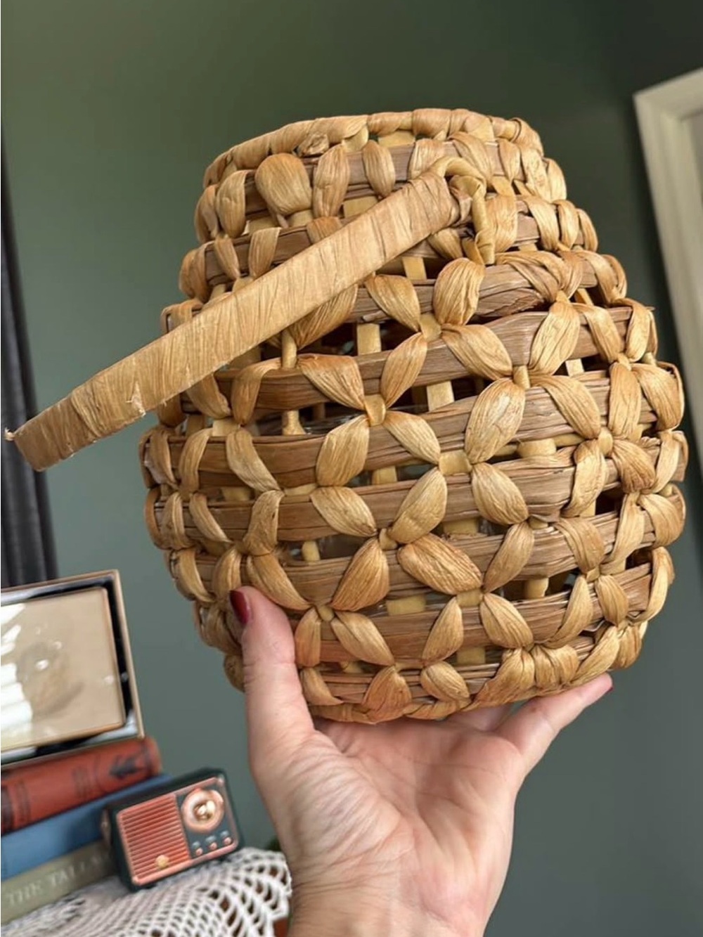 Woven Rattan Lantern Glass Candle Holder Boho Coastal Farmhouse Decor